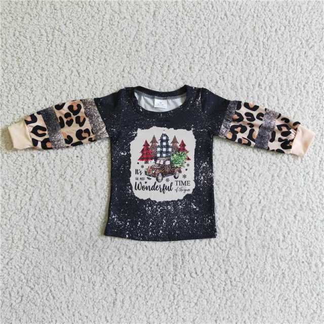 BT0037  boys black Christmas tree leopard long sleeve shirt