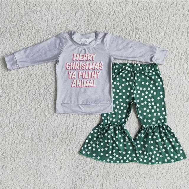 6 A7-16 girl grey letters sleeve shirt green dots pants set