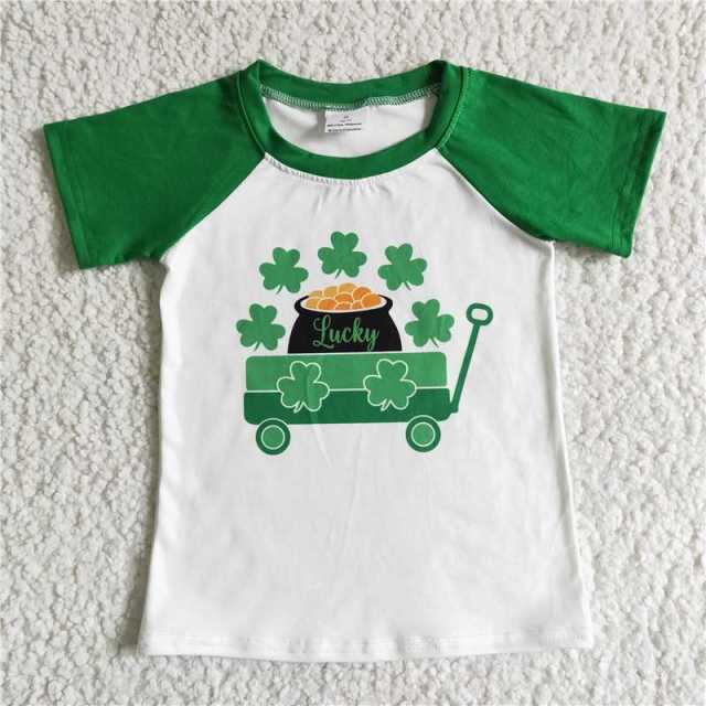 C8-1-2 boys green white truck short sleeve shirt
