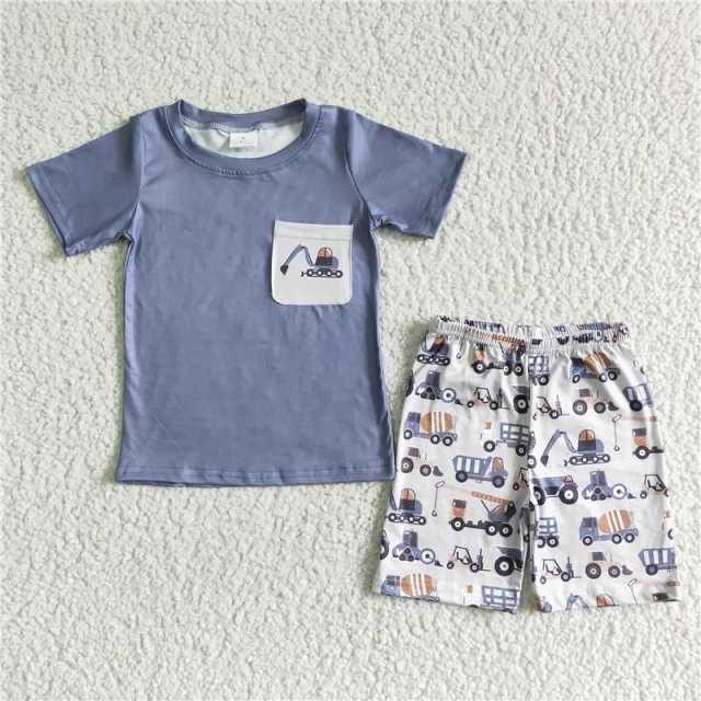 BSSO0063 boys grey excavators short sleeve shirt white shorts