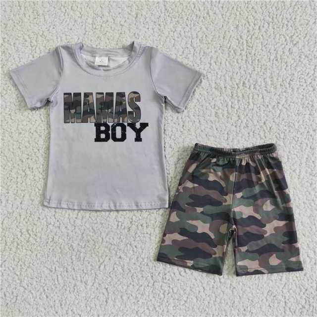 BSSO0049 boys grey letters short sleeve shirt camouflage shorts