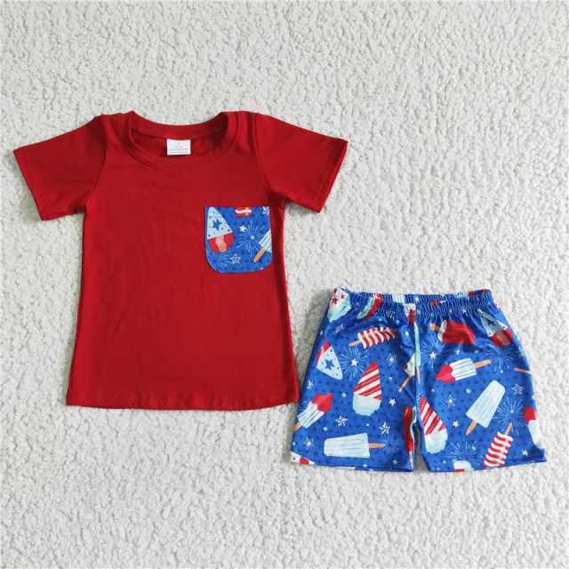 BSSO0025 boys red short sleeve shirt blue popsicles shorts