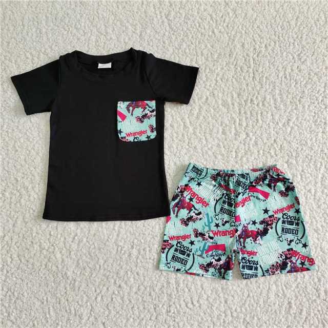 BSSO0013  boy black letters cactus short sleeves shirt green shorts