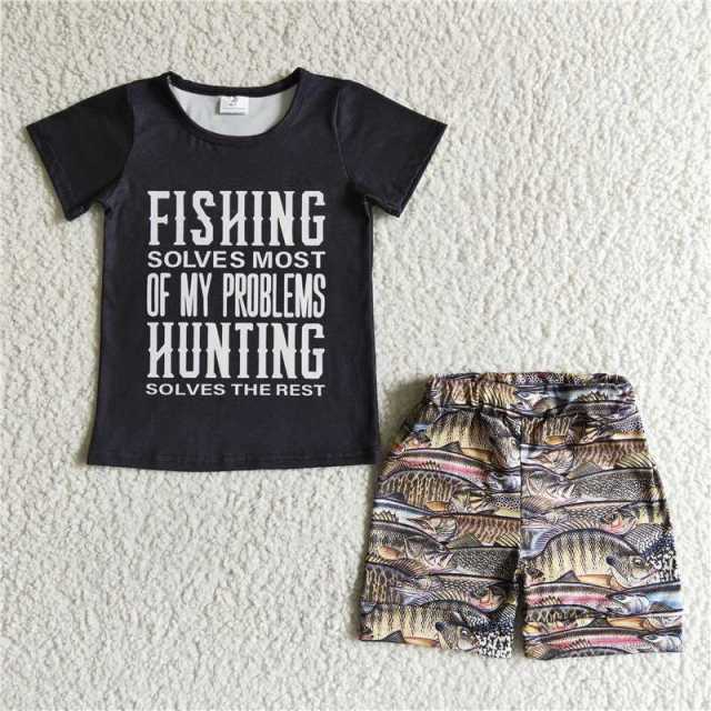 BSSO0012 boy black letters short sleeves shirt fishes shorts