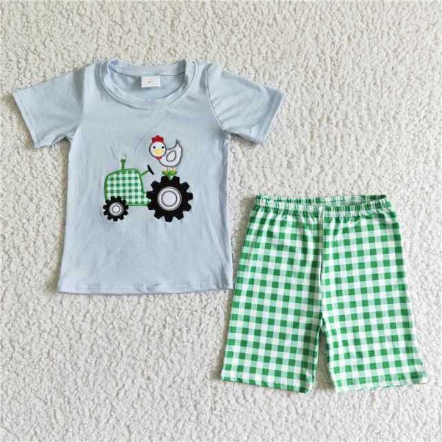 BSSO0031 boy blue embroidered chick sleeve shirt green plaid shorts