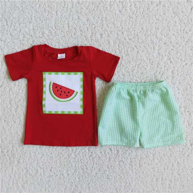 D5-11 boy red watermelon short sleeves green plaid shorts