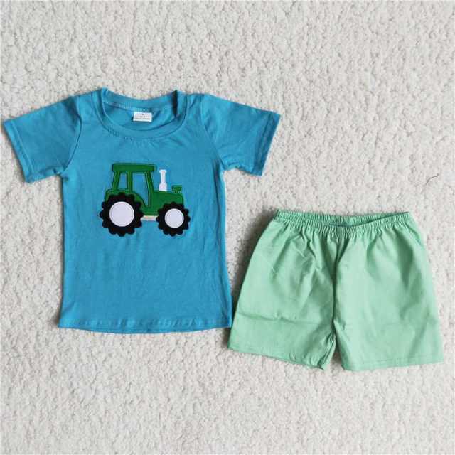 A7-15  boy blue tractor short sleeves shirt green shorts