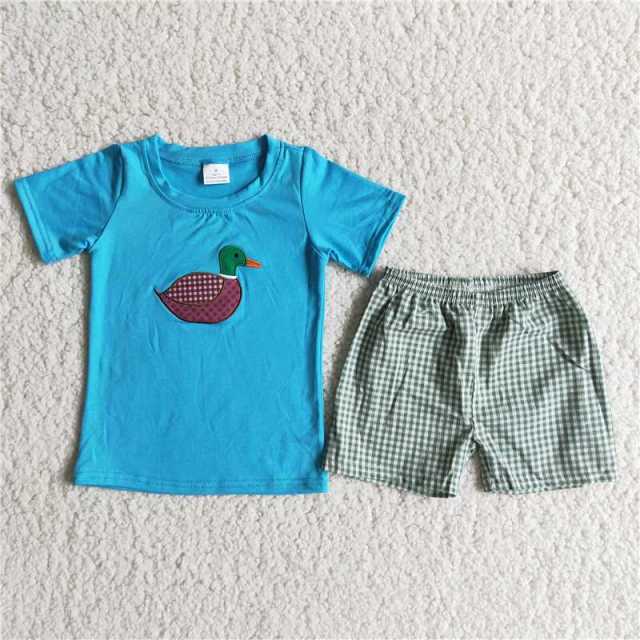 B11-1  boy blue embroidery duck short sleeves plaid shorts