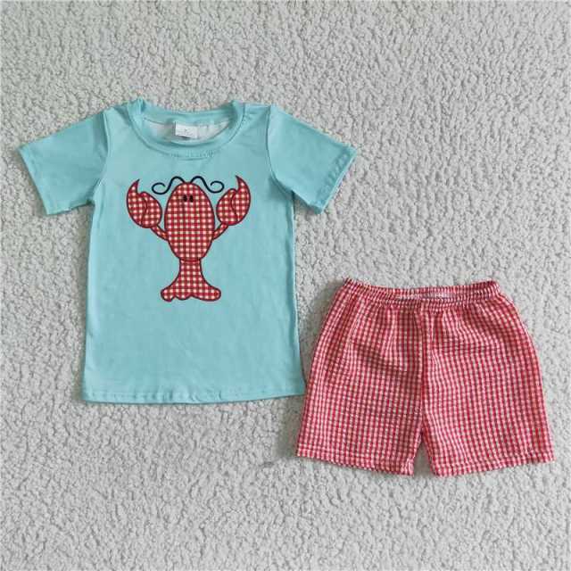 A8-3  boy blue lobster short sleeves shirt red shorts