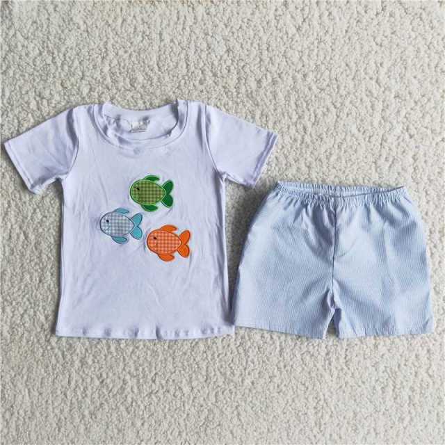 A6-14 boy white fishes short sleeves light blue shorts