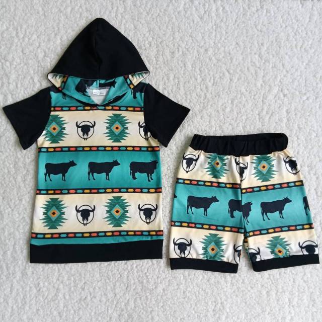 B4-1 boy cow pattern hoodie short sleeves shorts