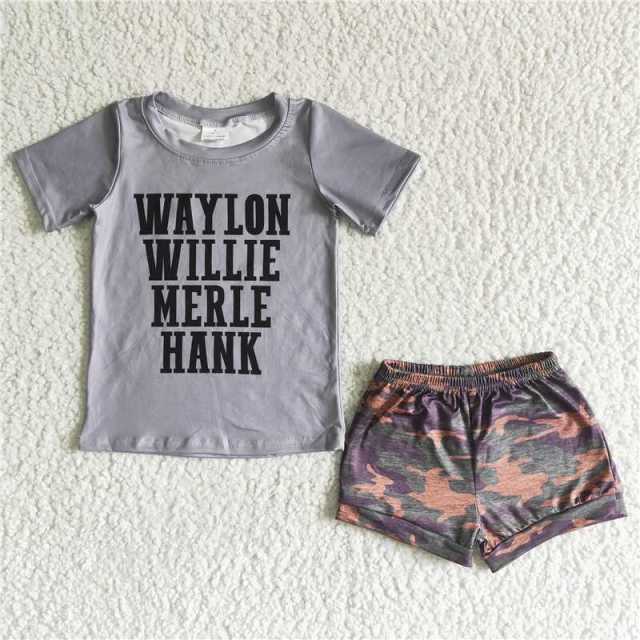 C0-7 boy grey letters short sleeves camouflage  shorts