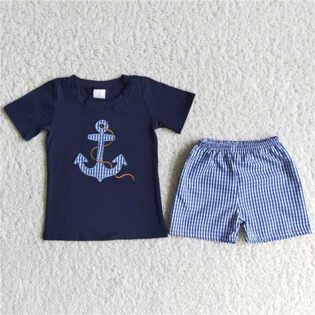 D12-17 boy navy blue anchor embroideryshort sleeves blue plaid shorts