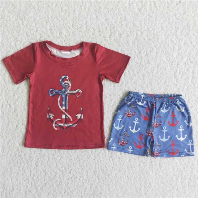 C14-39  boy wine red anchor short sleeves blue pants shorts