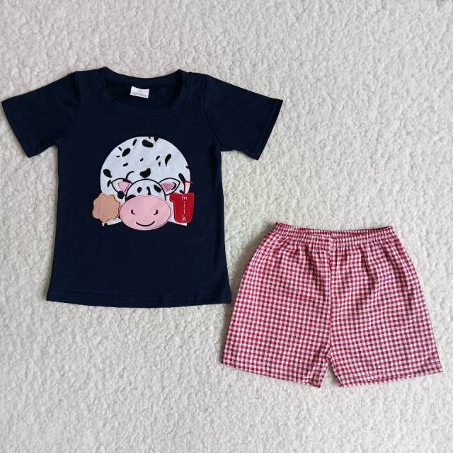 C16-8 boy black cow short sleeves red plaid shorts