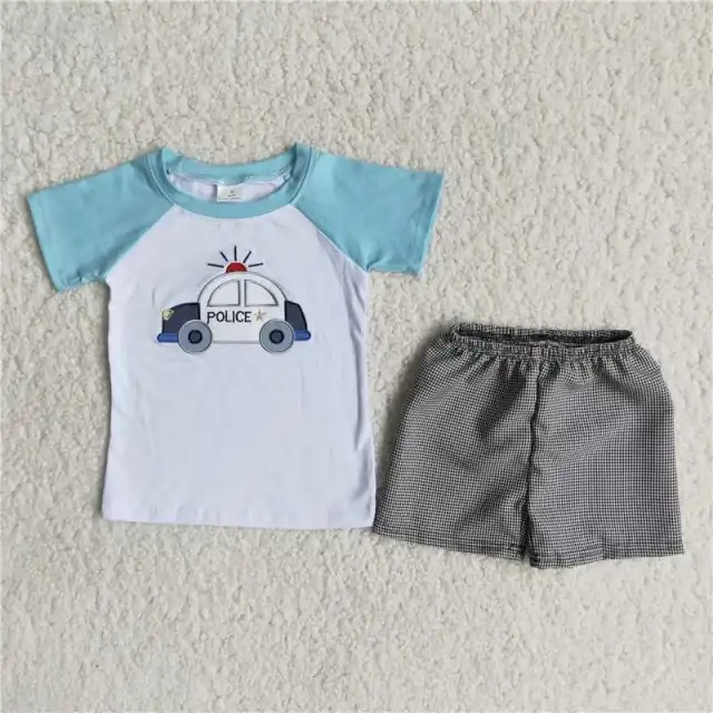 B18-4 boy blue white police car short sleeves grey plaid pants shorts