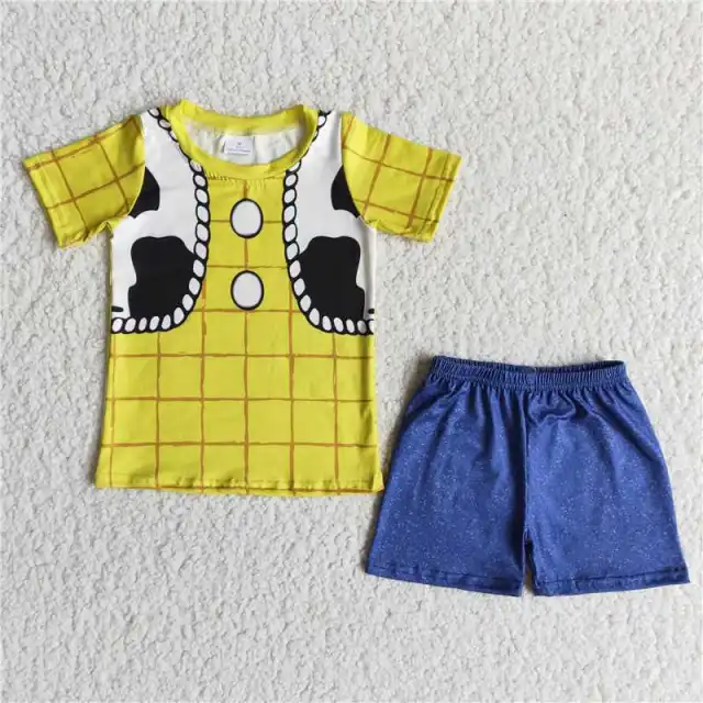 E10-30 boy yellow cow print sleeve shirt blue shorts