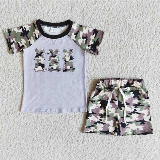 E5-14 boy grey camo rabbit sleeve shirt camouflage shorts