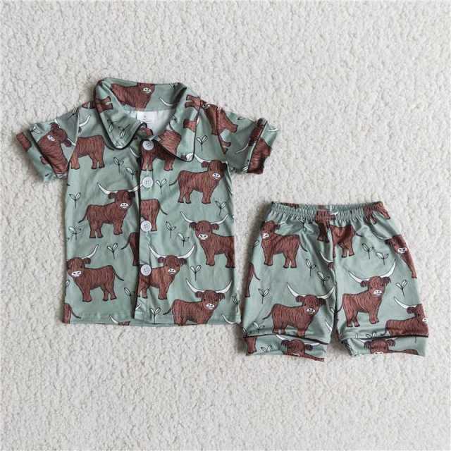 E14-1 boy green cow print sleeve shirt shorts