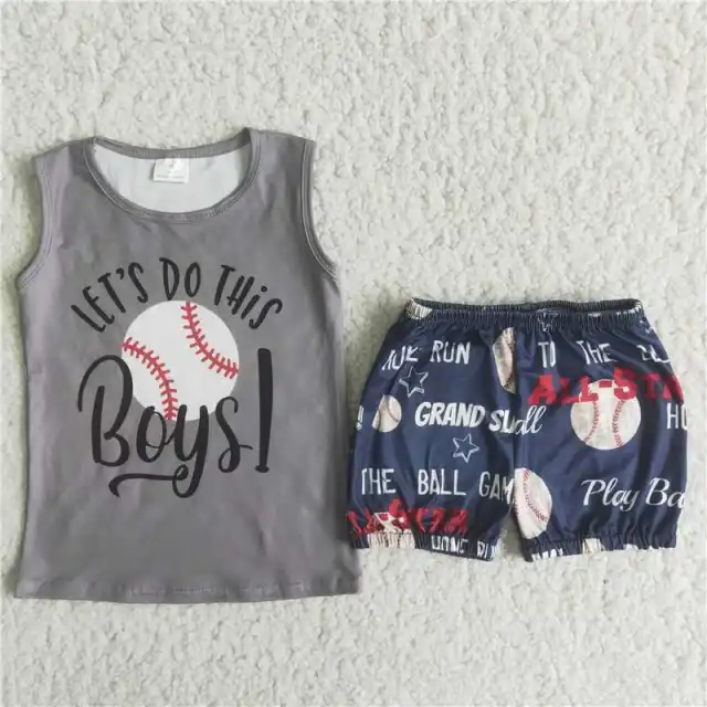 C8-14 boy grey baseball sleeveless  shirt dark blue shorts