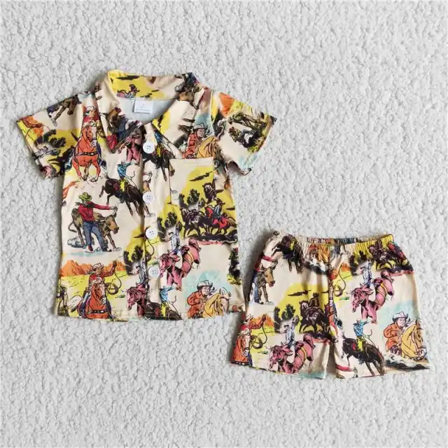 E14-12 boy yellow horse cow  print sleeve shirt shorts