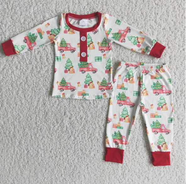 6 A15-20  Boys Truck Christmas Tree Red Cuff Long Sleeve Pajama Set
