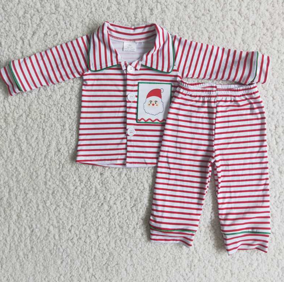 6 A2-20 Boys Santa Embroidered Striped Pajamas set