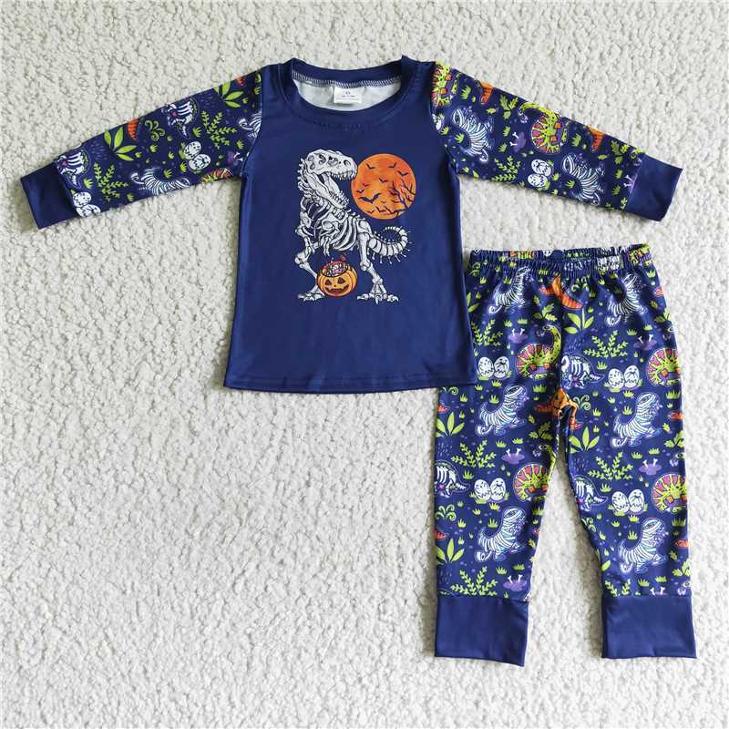 BLP0025 boy navy blue dinosaur skeleton playing basketball sleeve pants Set