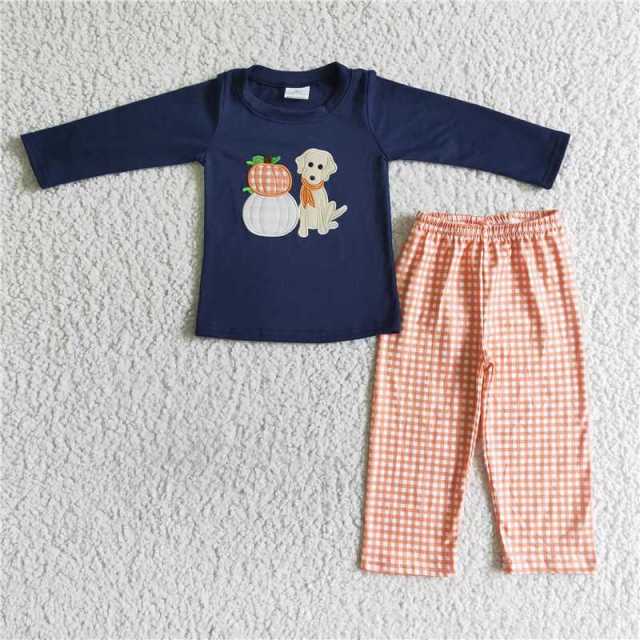 BLP0038 boy navy blue pumpkin dog sleeve plaid pants Set