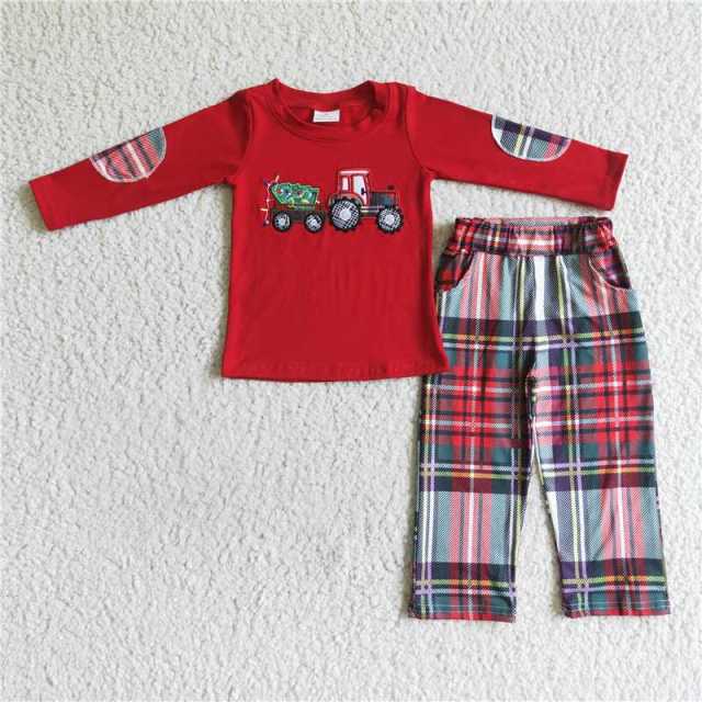 BLP0013 boy red Christmas truck sleeve plaid pants Set