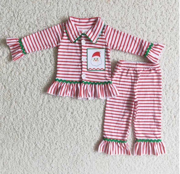6 B9-3 girl santa embroidered striped pajamas