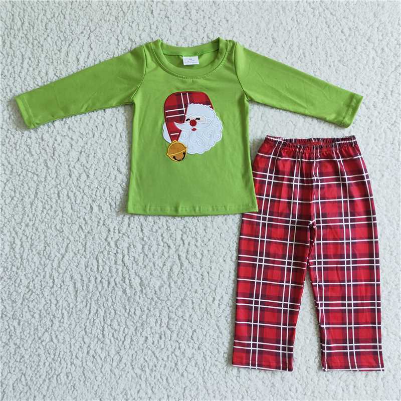 BLP0034 boy green Santa Claus  sleeve plaid pants Set