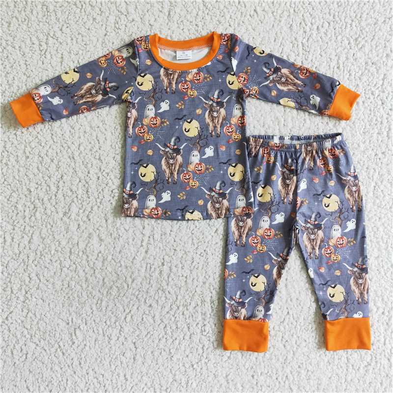BLP0039 boy grey pumpkin sleeve plaid pants Set