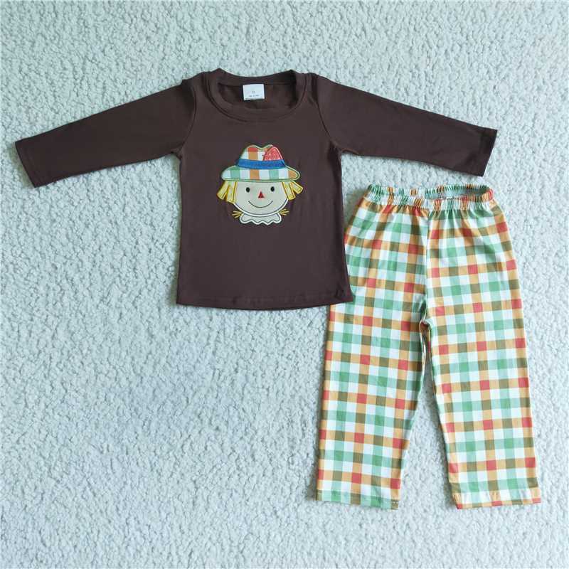 BLP0012 brown long boy sleeve plaid pants Set