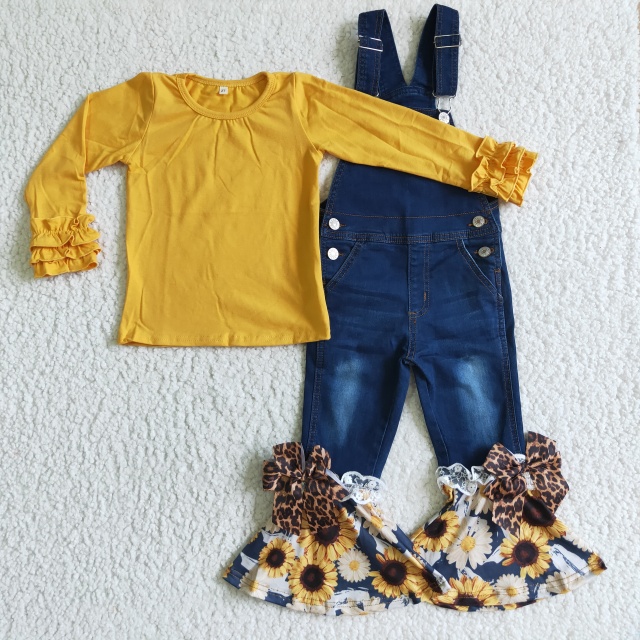 6 C6-26   P0028  Yellow Lace Long Sleeve Top Blue Strap Sunflower Lace Jeans Set