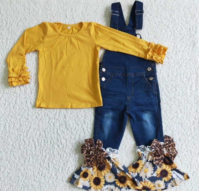 P0028  Blue Strap Sunflower Lace Jeans set