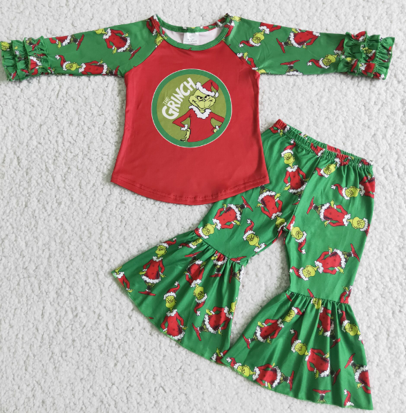 6 A13-20 Christmas green long sleeve flared pants suit