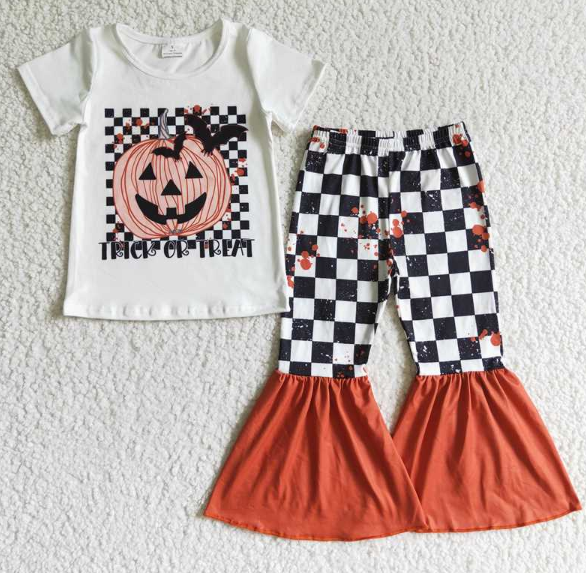 GSPO0168 Girls Halloween Pumpkin Plaid Short Sleeve Pants Set