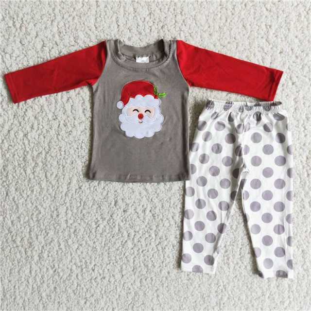 6 A20-14 boy grey red Santa Claus sleeve shirt white dots pants Set