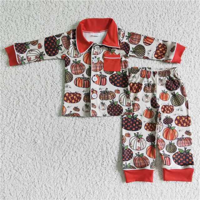 BLP0007 boy red white pumpkins sleeve shirt stripes pants Set