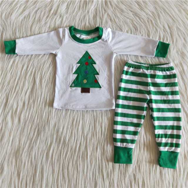 6 A28-15 boy white Christmas tree sleeve shirt stripes pants Set