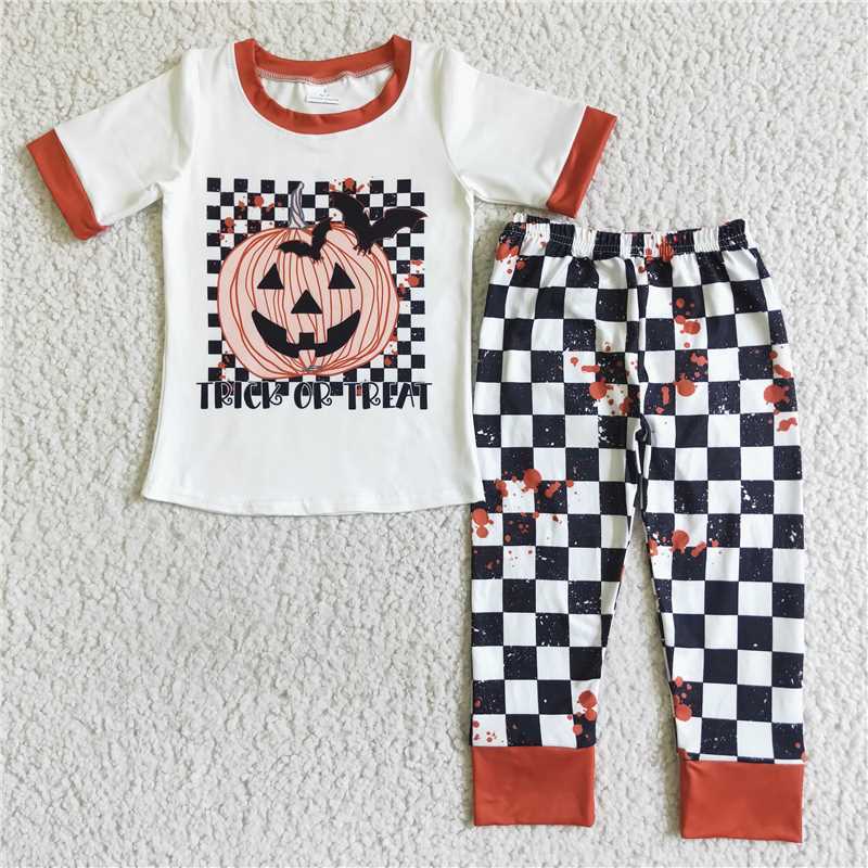 BSPO0028 boys white pumpkin short sleeve plaid pants Set