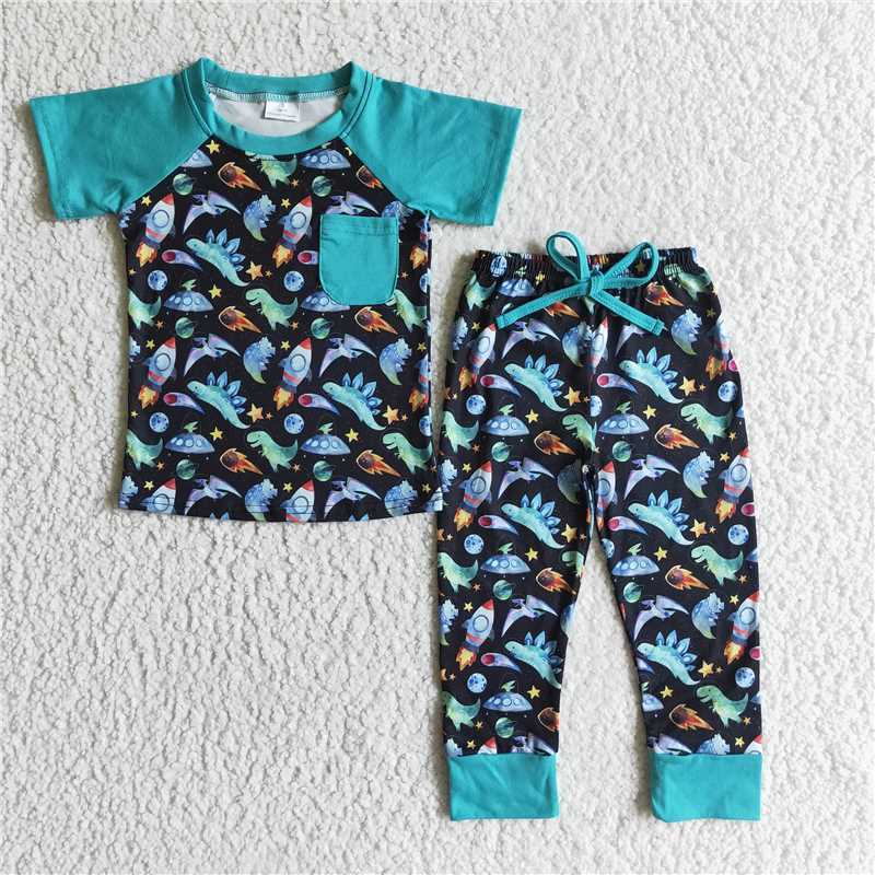 BSPO0024  boys blue rocket dinosaurs short sleeve pants Set