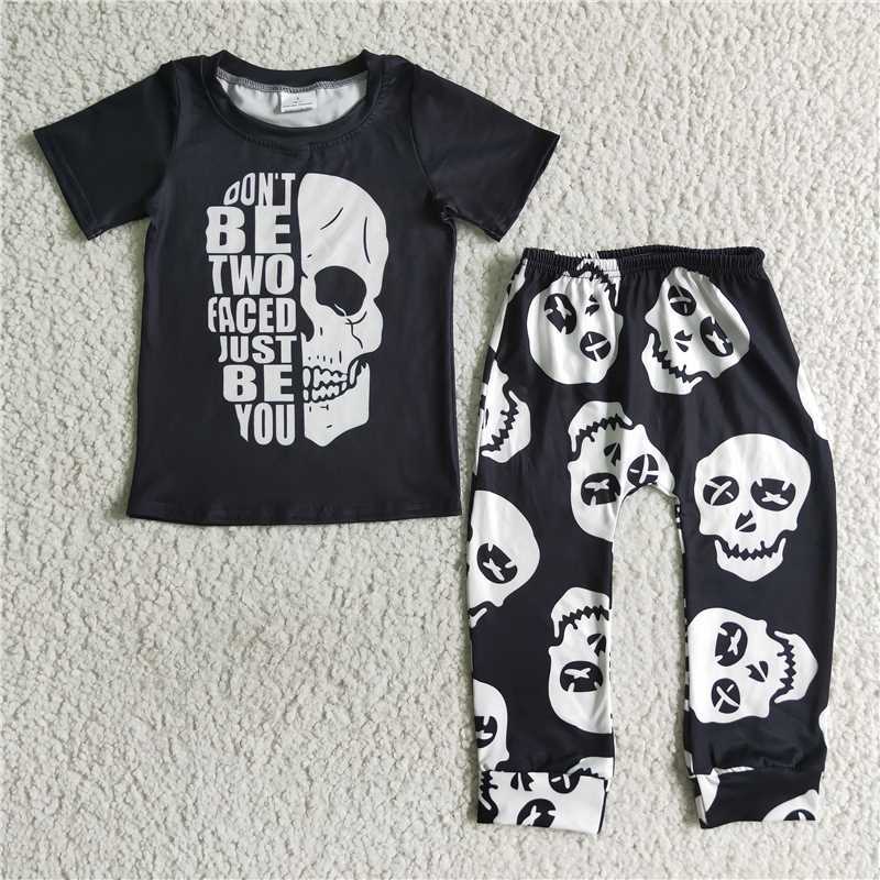 BSPO0016 boys black skull short sleeve pants Set