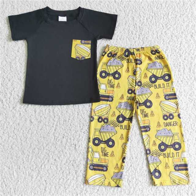 BSPO0010 boys black short sleeve yellow excavator pants Set