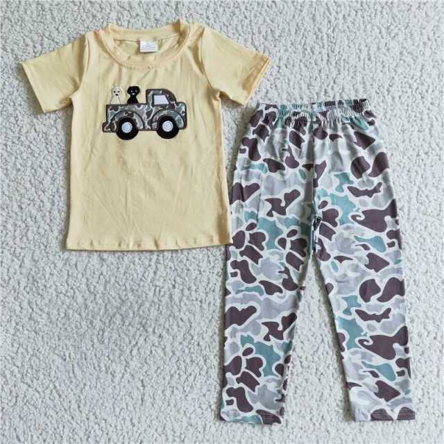 BSPO0014 boys yellow embroidered truck short sleeve camouflage pants Set