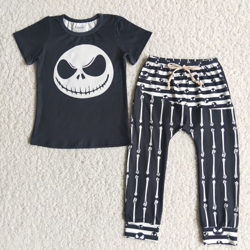 A0-15 boys black skull black short sleeve pants Set