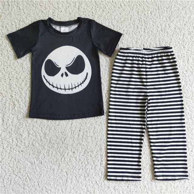 BSPO0025 boys smiley skull short sleeve stripes pants Set