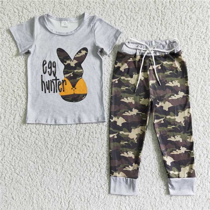 B16-23 boys grey bunny short sleeve leaves camouflage pants Set
