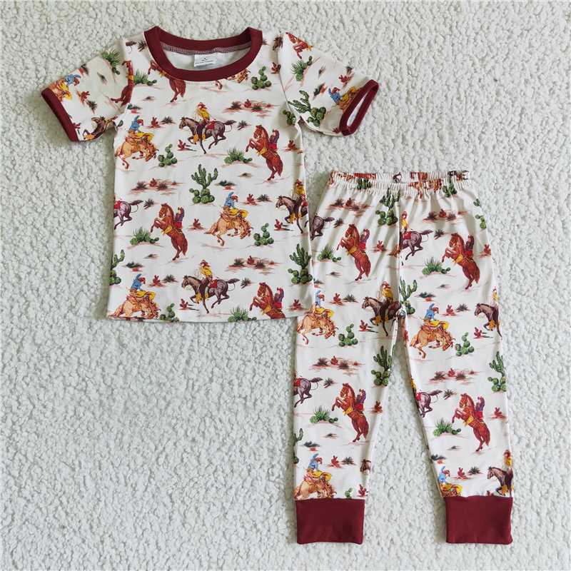 D4-14  boys riding cactus short sleeve leaves pants Set